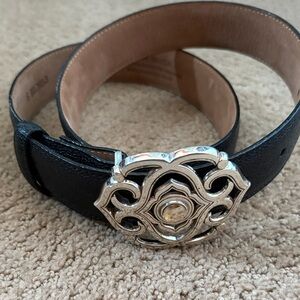 BRIGHTON Black Leather Belt with Jewel Silver-Tone Buckle Size Small